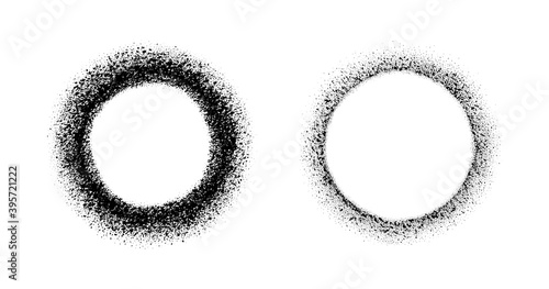 Set circle frame with spray effect. Collection circular border of grunge dots. Ring boarder. Round brush. Spot paint. Drip point radial shape. Urban street design for prints. Faded uneven dot. Vector