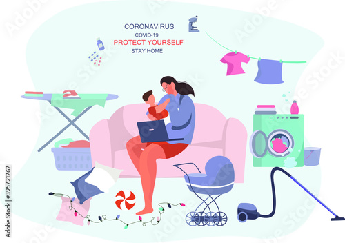 Remote Work or Study at Home and Household Chores. Cooking,Washing,Cleaning.Mother Doing Remote Freelance Job with Laptop.Mother Freelancer Can't Work Productively.Flat Vector Illustration