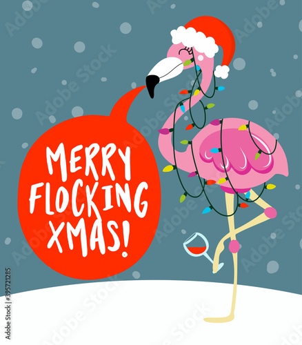 Merry flocking Xmas - Calligraphy phrase for Christmas with cute flamingo girl in Santa Hat. Hand drawn lettering for Xmas greetings cards, invitations. Good for t-shirt, mug, scrap booking, gift.