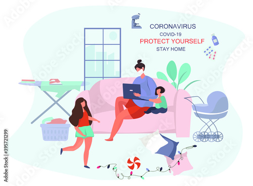 Remote Work or Study at Home and Household Chores. Cooking,Washing,Cleaning.Mother Doing Remote Freelance Job with Laptop.Flat Vector Illustration