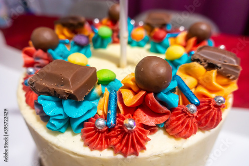 Close up view of the chocolate and icing on top of a birthday cake.