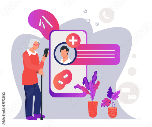 Online medicine and healthcare concept with elderly woman receiving remote doctor consultation via mobile app, flat vector illustration isolated on white. Telemedicine for senior and online help.