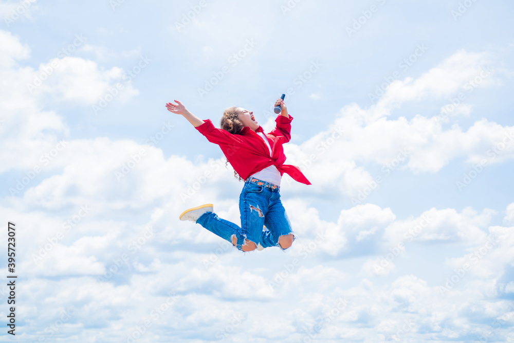 cheerful child fly high in the sky, full of energy