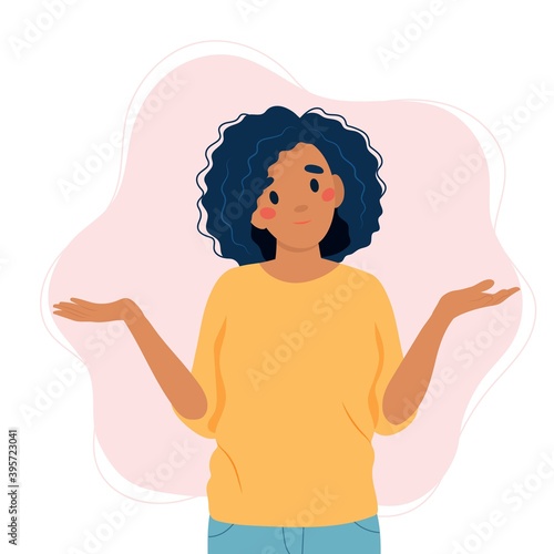 Black woman shrugging with a curious expression, doubt or question, vector illustration in flat style