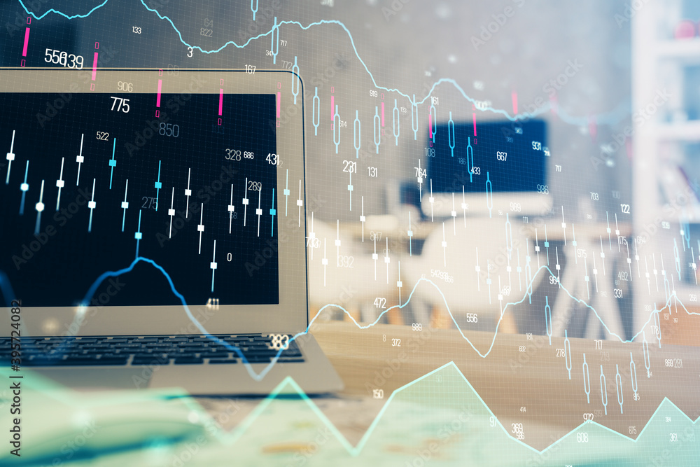 Stock market graph and table with computer background. Multi exposure. Concept of financial analysis. Stock market graph and table with computer background. Multi exposure. Concept of financial analysis.