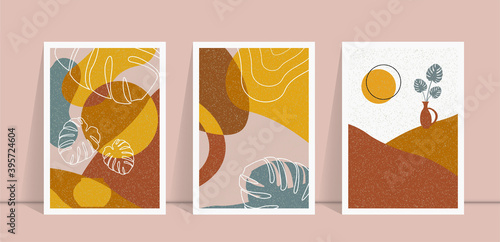 Set of minimal cover poster designs for decor and fashion with monstera leaf, nature, landscape and plant. Modern art work in minimalist style, vector background illustation.