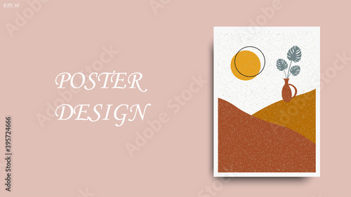 Hand drawn minimalist desert landscape poster design with monstera leaves in jug. Nature sky line minimal vector background design template.