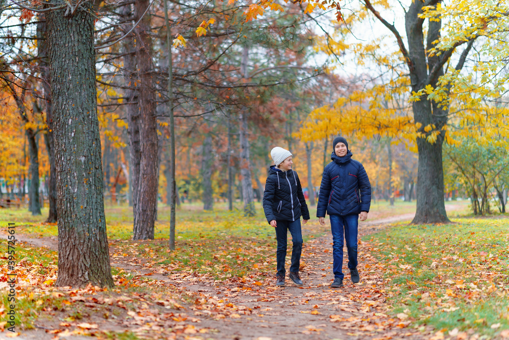 teen girl and boy walking through the park and enjoys autumn, beautiful nature with yellow leaves teen girl and boy walking through the park and enjoys autumn, beautiful nature with yellow leaves