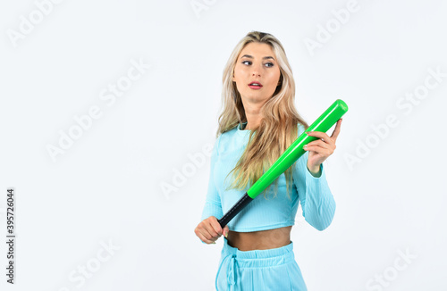 Outdoor sport activity. Gentle but aptly. Woman play baseball game. Girl hold baseball bat on white background. Woman in baseball sport. Baseball female player concept. Confident and strong lady