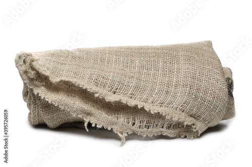 Jute sack, old vintage linen sackcloth bag isolated on white background