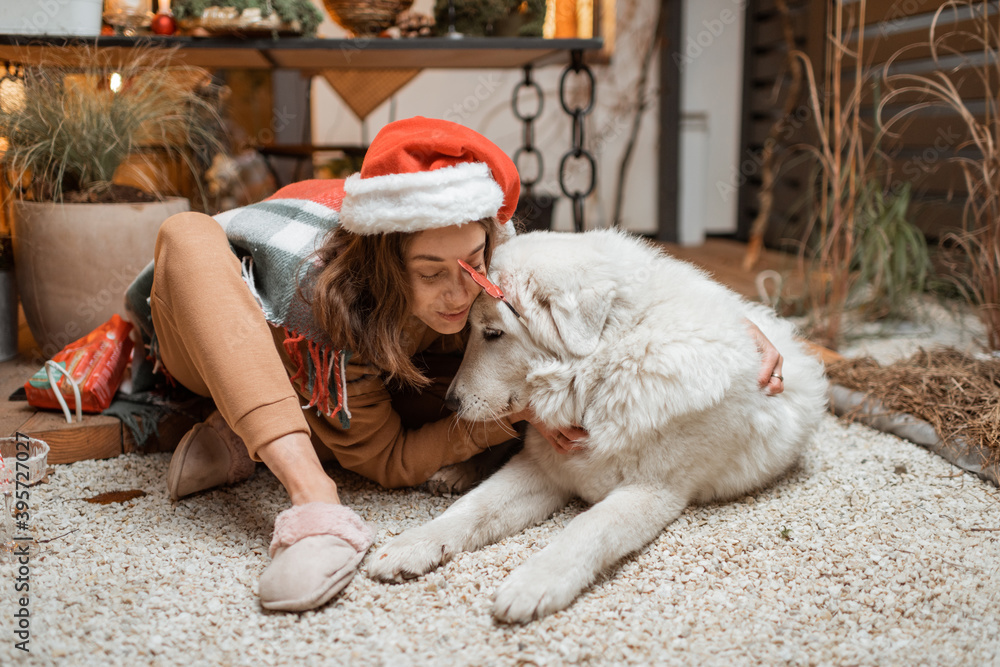 Woman in christmas hat celebrating with her cute dog a New Year holidays, sitting together on the beautifully decorated terrace at home Woman in christmas hat celebrating with her cute dog a New Year holidays, sitting together on the beautifully decorated terrace at home