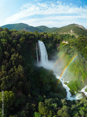 Aerial view. Water discharge  strong  maximum flow. Rainbow. The Cascata delle Marmore is a the largest man-made waterfall. Terni in Umbria Italy. Hydroelectric power plant. Vertical photo