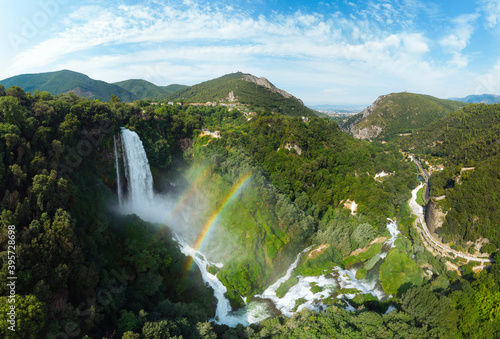 Aerial view. Water discharge, strong, maximum flow. Rainbow. The Cascata delle Marmore is a the largest man-made waterfall. Terni in Umbria Italy. Hydroelectric power plant photo