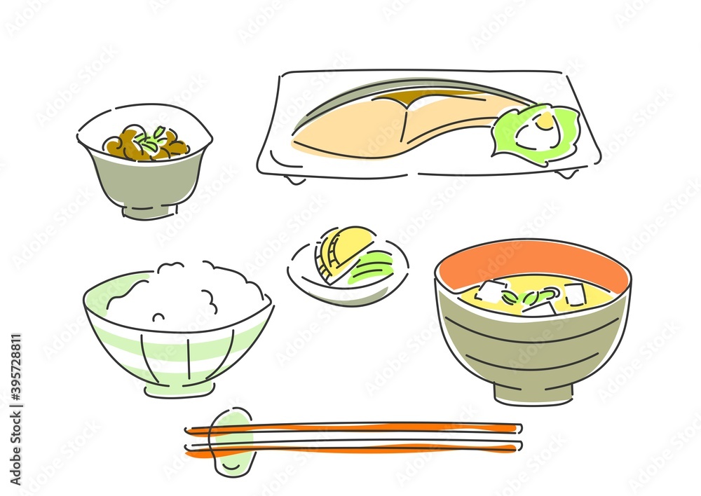 シンプルでお洒落な手描き線画の朝食のイラスト 和食 Stock Illustration Adobe Stock