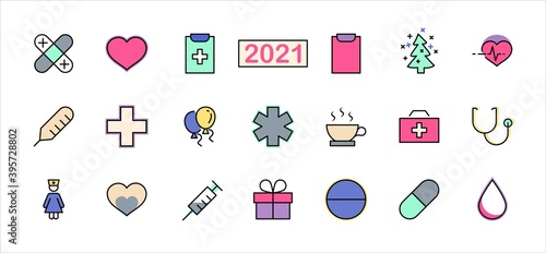 Set of Medicine vector line icons. It contains the first aid kit, nurse, syringe, thermometer, plastic, pills, heart, drop of blood, palpitation and much more. Editable Stroke. 32x32 pixels.