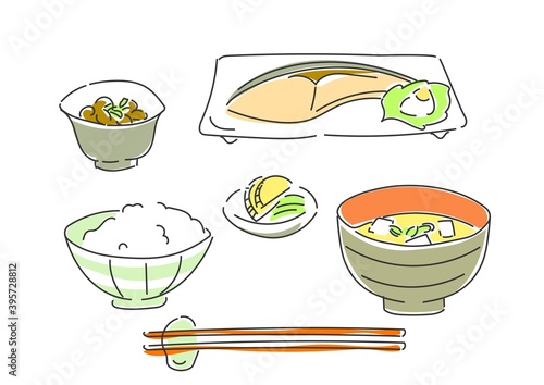 シンプルでお洒落な手描き線画の朝食のイラスト　和食