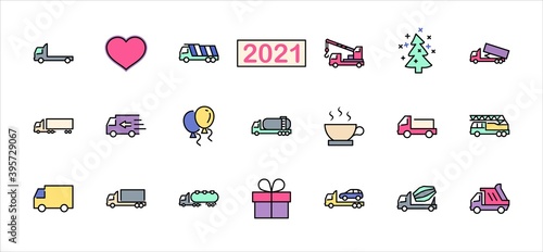 Truck Set of Transport Vector Line Icons. Contains such Icons as Truck, Transportation, Tow Truck, Cranes, Mixer, Garbage Truck, Manipulators, Delivery service and more. Editable Stroke. 32x32 Pixel