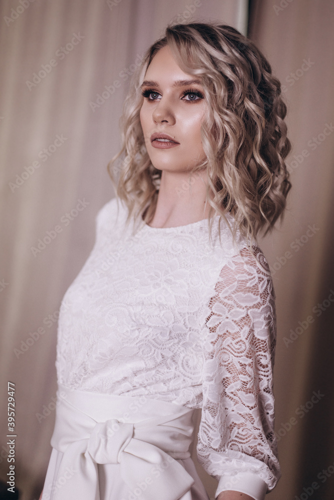 Close up woman portrait. Elegant fashionable caucasian beauty girl in white dress Close up woman portrait. Elegant fashionable caucasian beauty girl in white dress