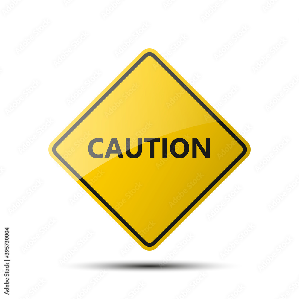 yellow diamond road sign with a black border and an image CAUTION on white background. Illustration yellow diamond road sign with a black border and an image CAUTION on white background. Illustration