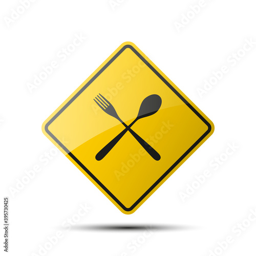 yellow diamond road sign with a black border and an image fork with spoon on white background. Illustration
