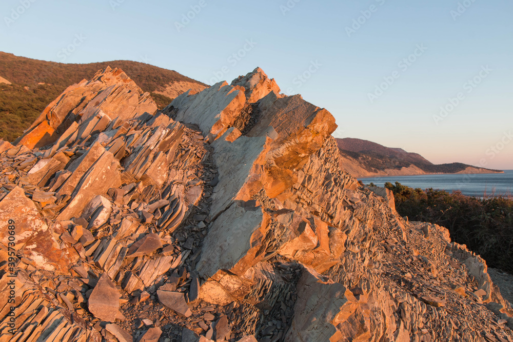 
Layered rocks and mountains on the Black Sea coast. Bolshoi utrish nature reserve