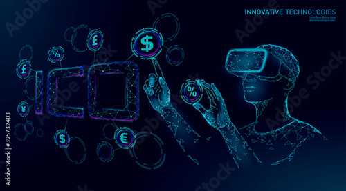 Initial coin offering ICO letters technology concept. Business finance economy low poly design style. Currency crypto banking online offer. Internet commerce block chain vector illustration