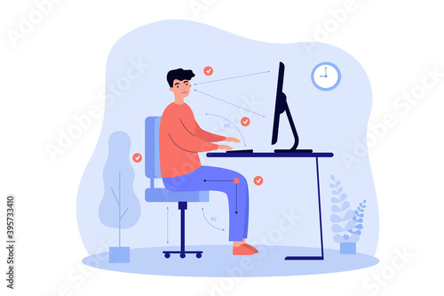 Man sitting at desk in correct position flat vector illustration. Cartoon guy working in right posture for healthy back and keeping distance between computer and eyes. Ergonomic office work concept