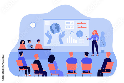 Female speaker standing in front of presentation isolated flat vector illustration. Cartoon audience listening international ecological scientific conference. Business and media forum concept