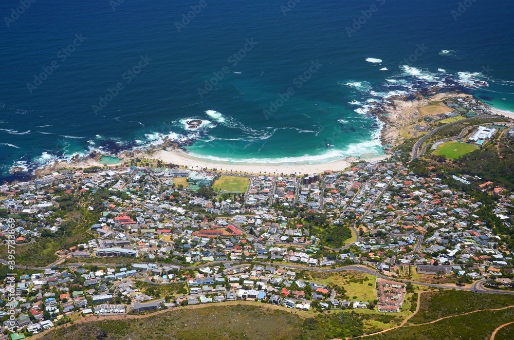 Ocean shore in Cape Town, South Africa. View down from Table Mountain to the coast and part of Cape Town.