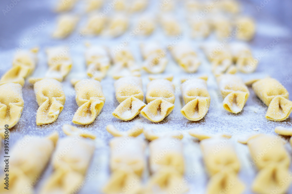 Fresh handmade pasta organized on a stainless steel table. Shot in a Pasta factory. Fresh handmade pasta organized on a stainless steel table. Shot in a Pasta factory.