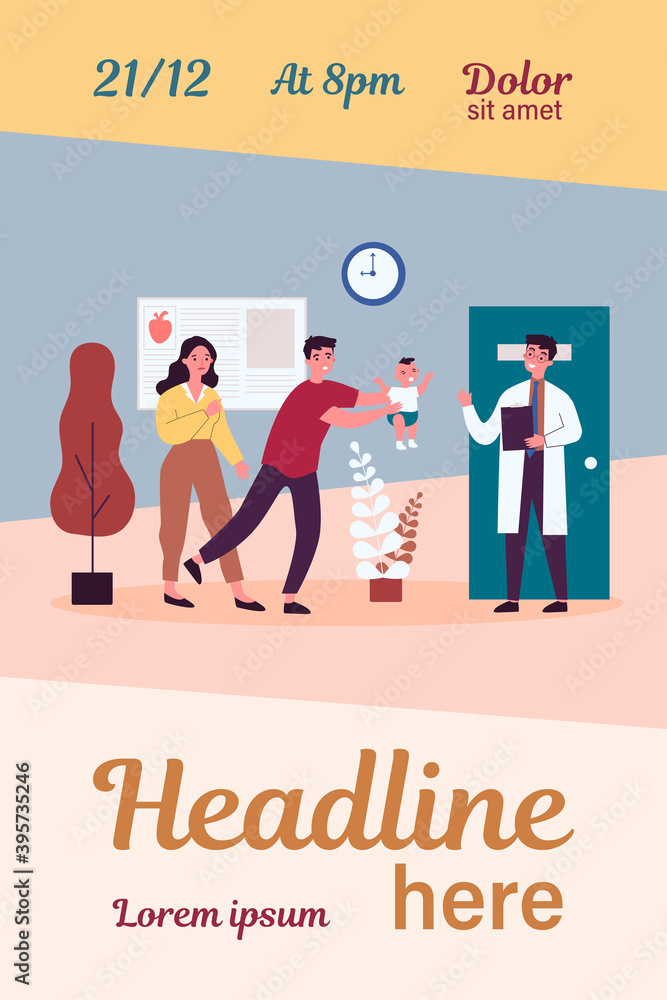 Parents going to doctor with their child. Physician greeting patient and baby crying flat vector illustration. Healthcare and hospital concept for banner, website design or landing web page Parents going to doctor with their child. Physician greeting patient and baby crying flat vector illustration. Healthcare and hospital concept for banner, website design or landing web page