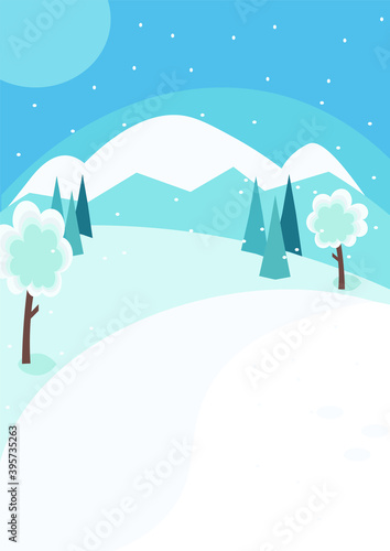 A cosy snowy winter landscape with mountains on the background. Winter nature. Vector illustration in a flat style. 