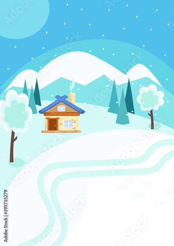 A cosy snowy winter landscape with a house and mountains on the background. Winter nature. Vector illustration in a flat style. 