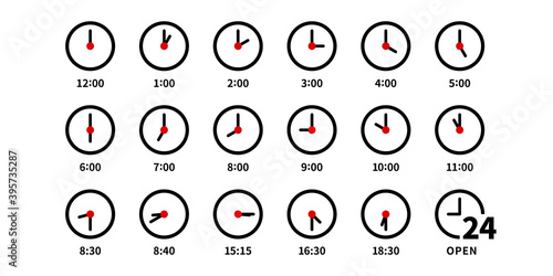 アナログ時計24時間のベクターイラストアイコンセット白黒赤