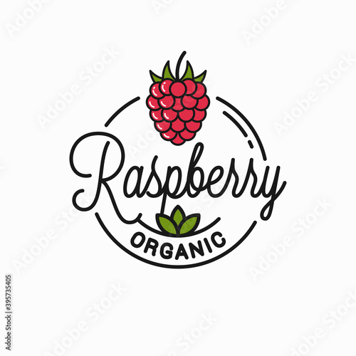Raspberry logo. Round linear of organic raspberry