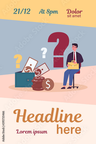 Sad man concerned about financial problem, money need and unpaid loan debts. Male character, question mark, wallet with cash. Vector illustration for finance, bankruptcy, trouble concept