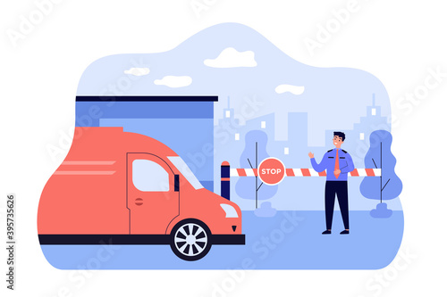 Security guard standing in front of toll booth flat vector illustration. Cartoon man protecting gate and checking van. Inspection station and parking admission concept