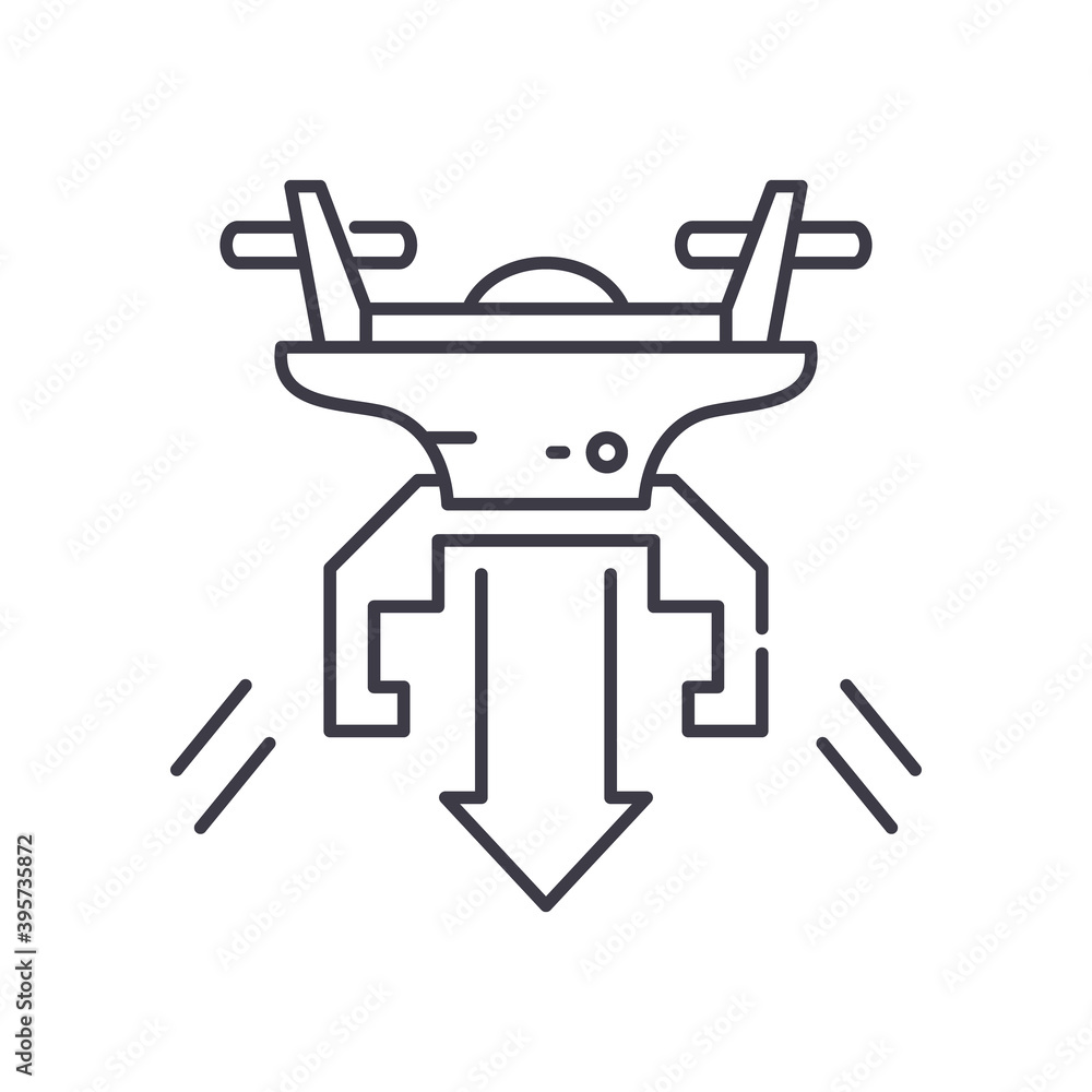Fly down drone icon, linear isolated illustration, thin line vector, web design sign, outline concept symbol with editable stroke on white background. Fly down drone icon, linear isolated illustration, thin line vector, web design sign, outline concept symbol with editable stroke on white background.