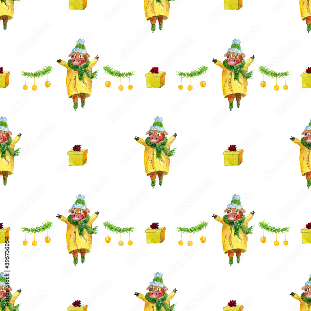 seamless pattern with watercolor illustration of a bull kid on skates and in winter clothes, presents, twig of a Christmas tree with toys. Symbol of the year 2021. for wrapping paper