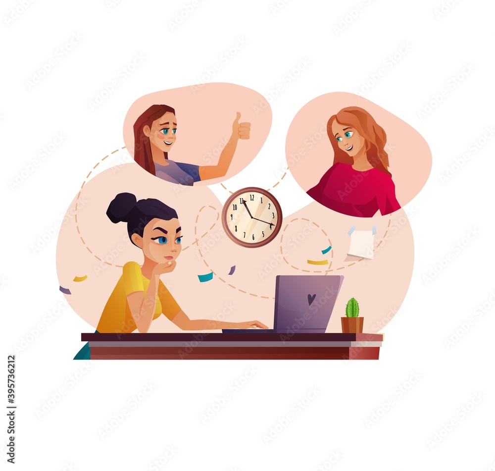 Team of people working by video call, conference or education. Online meeting or education. Friends talking during quarantine. Cartoon vector illustration. Team of people working by video call, conference or education. Online meeting or education. Friends talking during quarantine. Cartoon vector illustration.