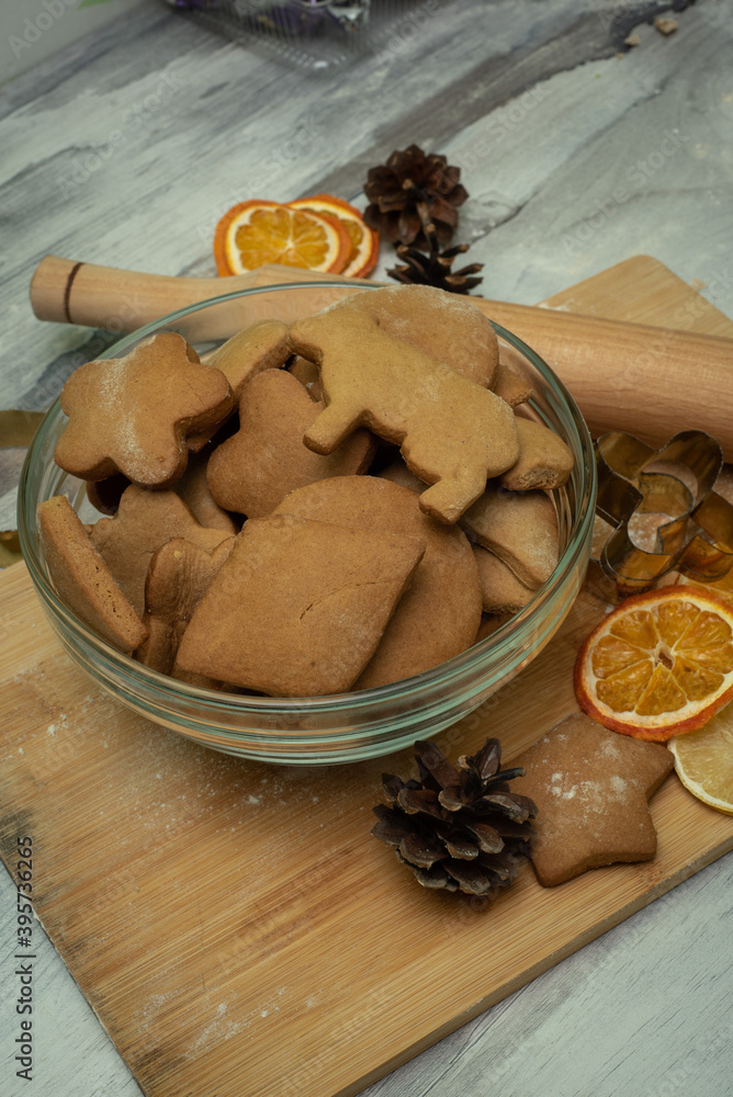 Fototapeta premium Cooking ginger cookies. Pastry cooking, home cooking concept. Christmas. New Year.
