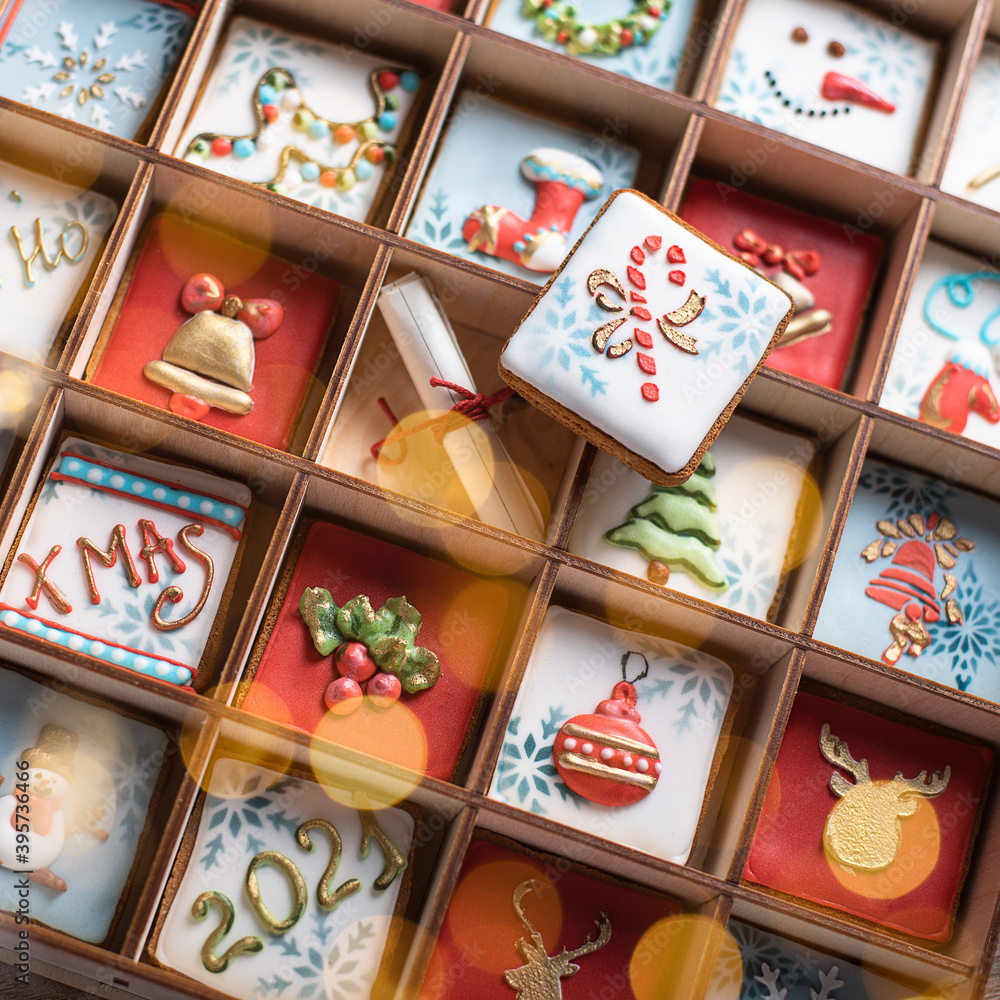 Set of christmas cookies in a gift wooden box. advent calendar