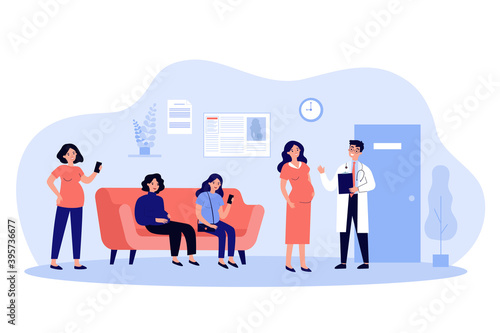 Pregnant women waiting in queue to doctor office flat vector illustration. Cartoon ladies in hospital or clinic for consultation with specialist. Motherhood and pregnancy concept