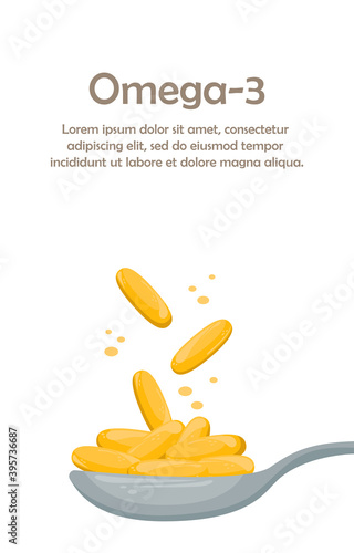 Template with space for text with fish oil capsules. Biologically active additive. Omega-3