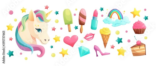 Cute unicorn face in flat style with sweet girlish elements. Ice cream, lipstick, cupcake, lips, heart, crystal, lollipop, rainbow. Cartoon vector illustration.