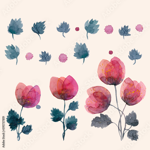 Collection of hand drawn watercolor bright red tulips. Ideal for cards  patterns  floral arrangements  frames  wedding cards and invitations