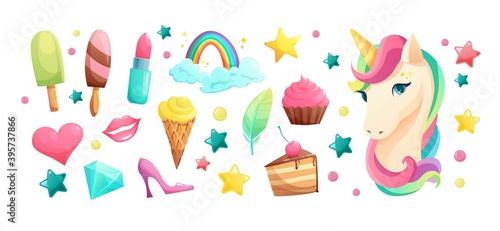 Cute unicorn face in flat style with sweet girlish elements. Ice cream, lipstick, cupcake, lips, heart, crystal, lollipop, rainbow. Cartoon vector illustration.