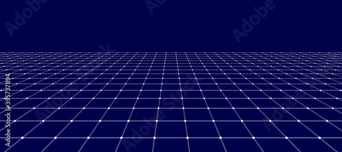 Vector perspective grid. Digital background in retro style. Wireframe landscape on blue background.