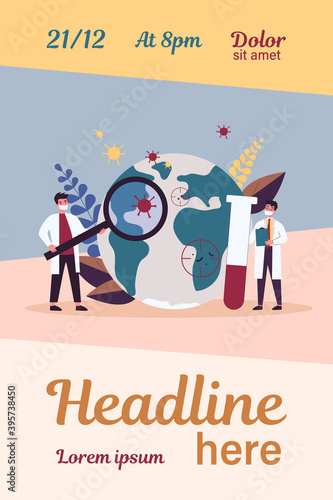 Tiny doctors studying viruses flat vector illustration. Physicians looking for vaccine from coronavirus. Epidemiology and pandemic outbreak research concept
