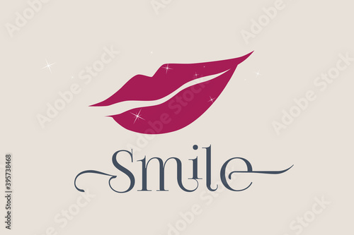 Beautiful woman lips smiling.Red lipstick mouth isolated on light background.Cosmetics, makeup and beauty salon vector logo.